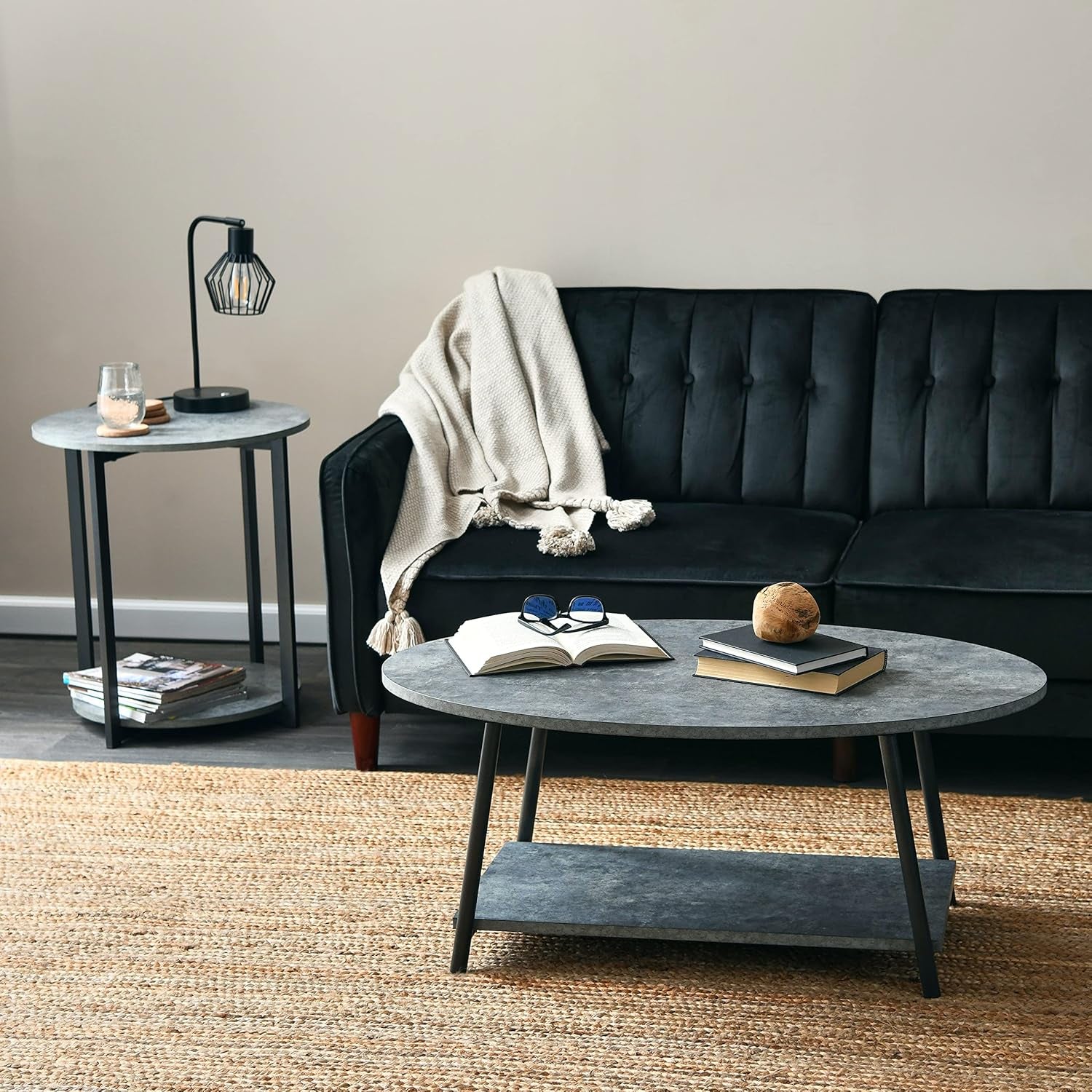Jamestown round Side End Table with Storage Shelf Rustic Slate Concrete and Black Metal