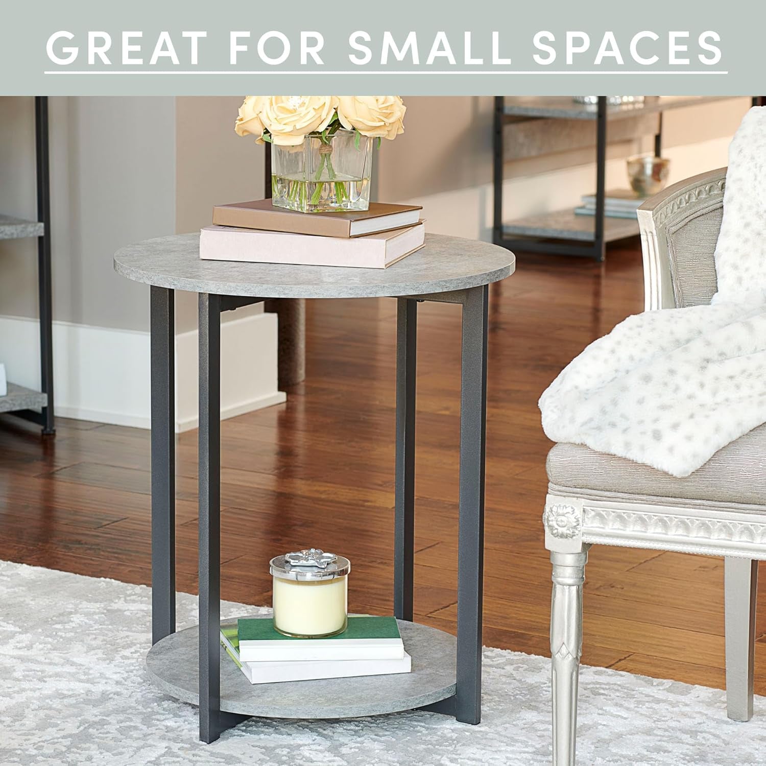 Jamestown round Side End Table with Storage Shelf Rustic Slate Concrete and Black Metal