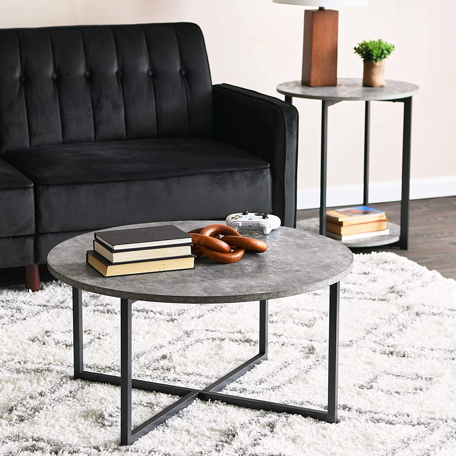 Jamestown round Side End Table with Storage Shelf Rustic Slate Concrete and Black Metal
