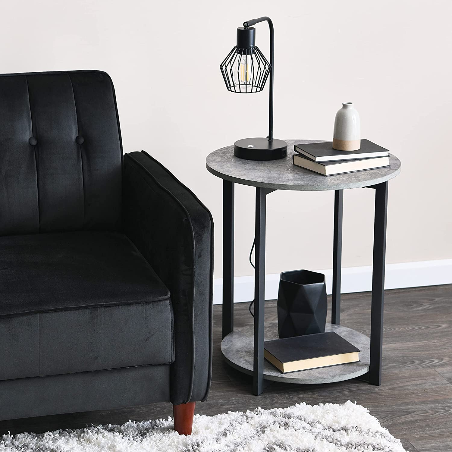 Jamestown round Side End Table with Storage Shelf Rustic Slate Concrete and Black Metal
