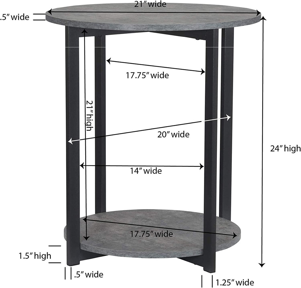 Jamestown round Side End Table with Storage Shelf Rustic Slate Concrete and Black Metal