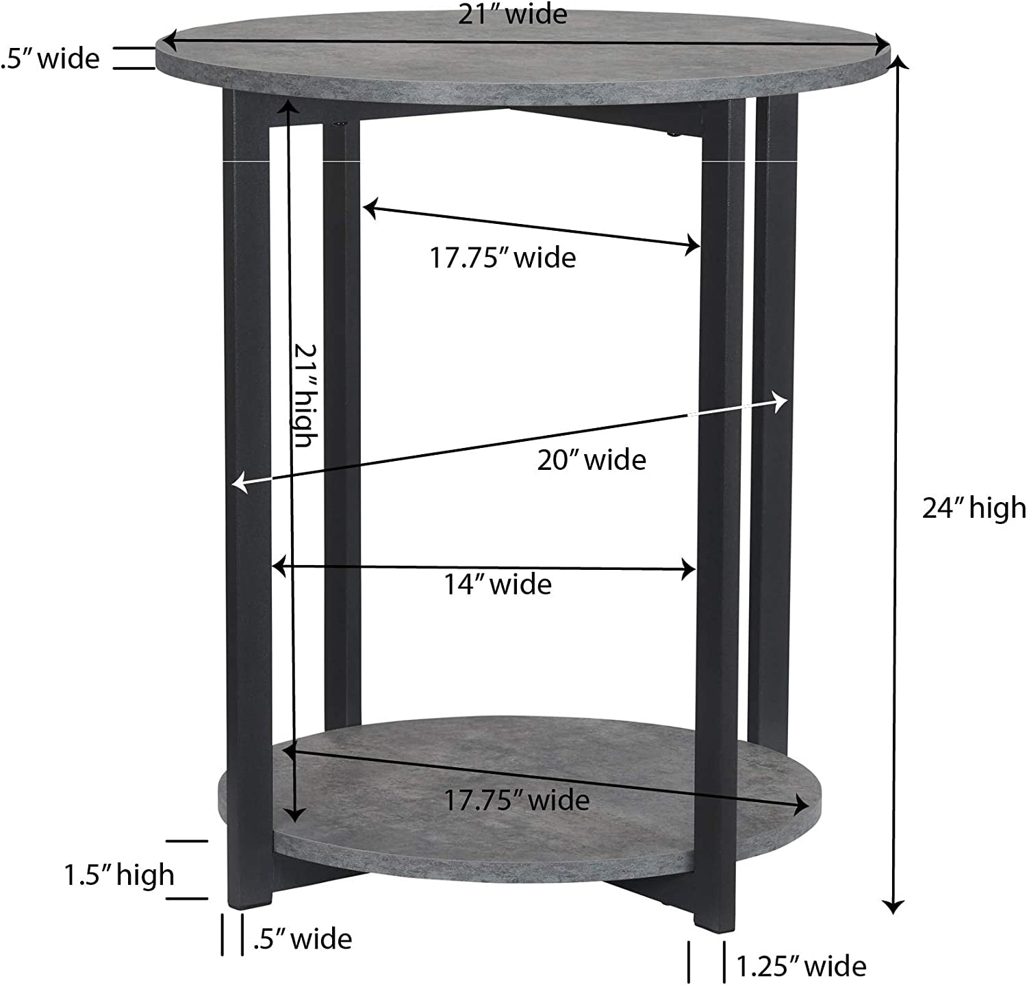 Jamestown round Side End Table with Storage Shelf Rustic Slate Concrete and Black Metal