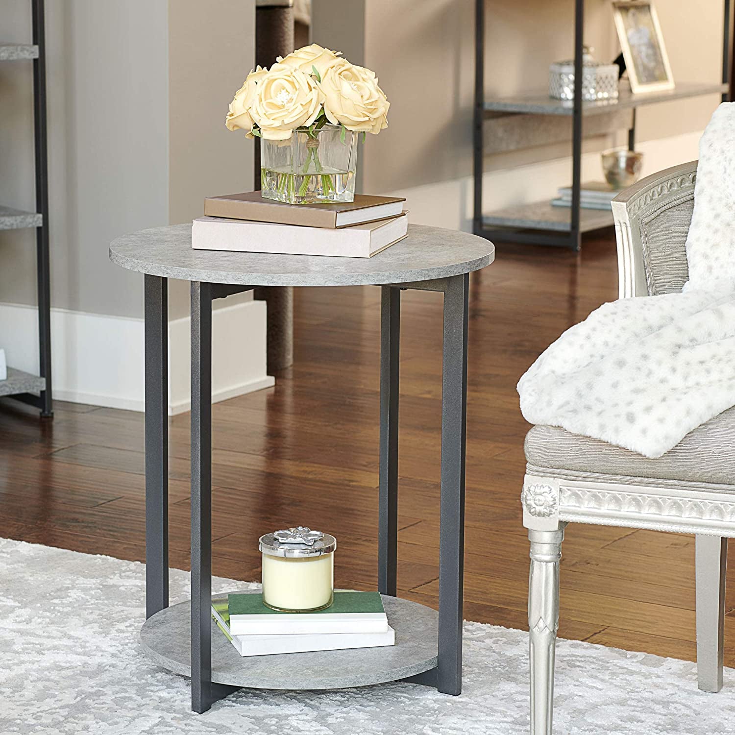 Jamestown round Side End Table with Storage Shelf Rustic Slate Concrete and Black Metal