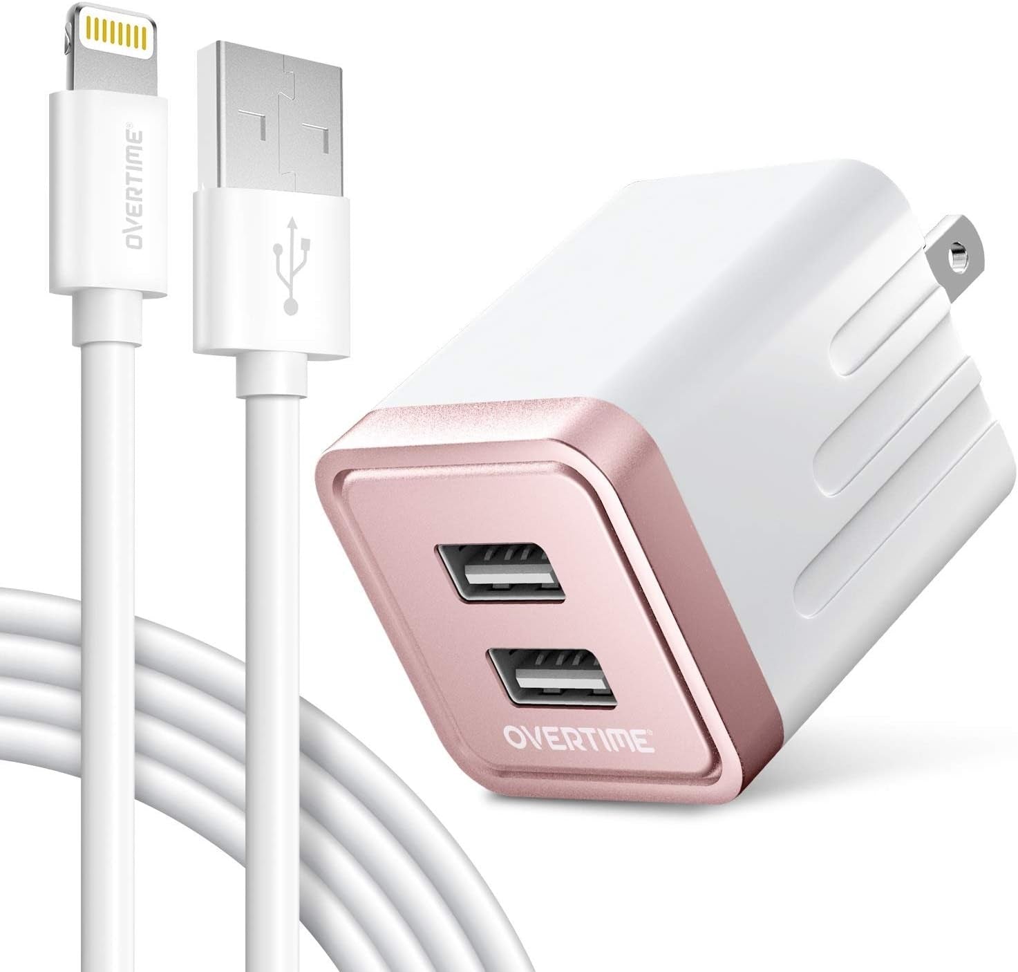 Iphone Charger Set,  Apple Mfi Certified Lightning Cable with Dual USB Wall Adapter 2.4 AMP Compatible W/Iphone 11 Pro Max XS XR X 8 7 6S 6 plus SE Airpods Ipad (Rose Gold/White, 4Ft)