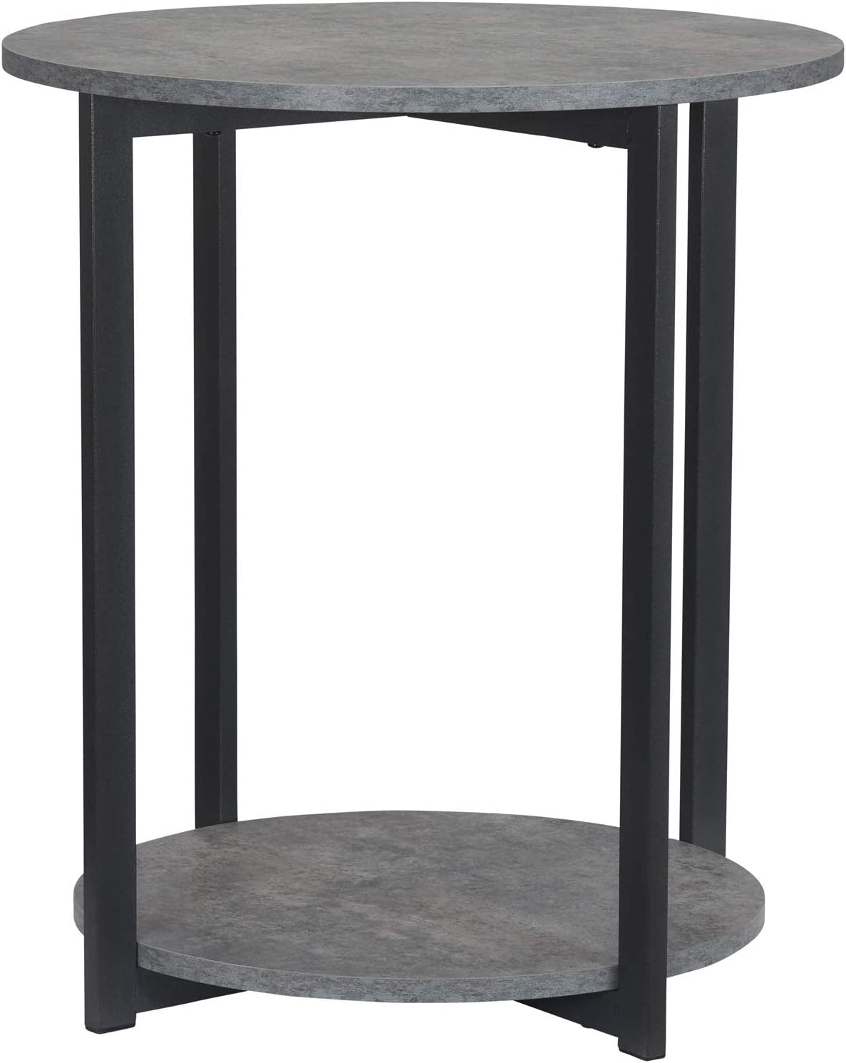 Jamestown round Side End Table with Storage Shelf Rustic Slate Concrete and Black Metal